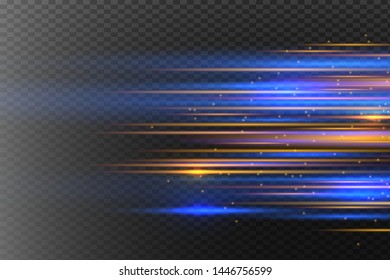 Blue horizontal lens flares pack. Laser beams, horizontal light rays.Beautiful light flares. Glowing streaks on dark background. Luminous abstract sparkling lined background. 