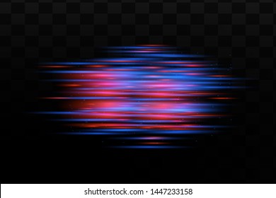 Blue horizontal lens flares pack. Laser beams, horizontal light rays.Beautiful light flares. Glowing streaks on dark background. Luminous abstract sparkling lined background. 