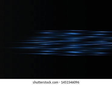 Blue horizontal lens flares pack. Laser beams, horizontal light rays.Beautiful light flares. Glowing streaks on dark background. Luminous abstract sparkling lined background.