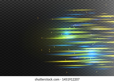 Blue horizontal lens flares pack. Laser beams, horizontal light rays.Beautiful light flares. Glowing streaks on dark background. Luminous abstract sparkling lined background.