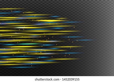 Blue horizontal lens flares pack. Laser beams, horizontal light rays.Beautiful light flares. Glowing streaks on dark background. Luminous abstract sparkling lined background.