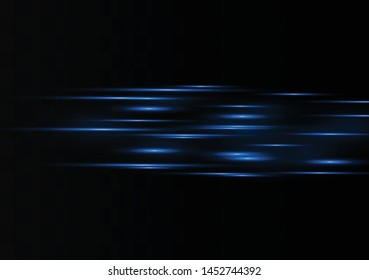 Blue horizontal lens flares pack. Laser beams, horizontal light rays.Beautiful light flares. Glowing streaks on dark background. Luminous abstract sparkling lined background.