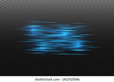 Blue horizontal lens flares pack. Laser beams, horizontal light rays.Beautiful light flares. Glowing streaks on dark background. Luminous abstract sparkling lined background.