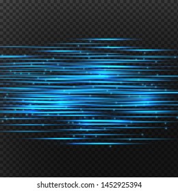 Blue horizontal lens flares pack. Laser beams, horizontal light rays.Beautiful light flares. Glowing streaks on dark background. Luminous abstract sparkling lined background.