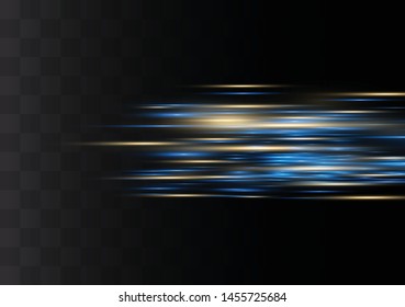 Blue horizontal lens flares pack. Laser beams, horizontal light rays.Beautiful light flares. Glowing streaks on dark background. Luminous abstract sparkling lined background.