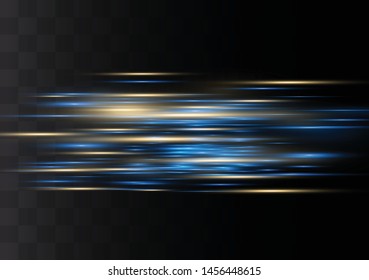 Blue horizontal lens flares pack. Laser beams, horizontal light rays.Beautiful light flares. Glowing streaks on dark background. Luminous abstract sparkling lined background.