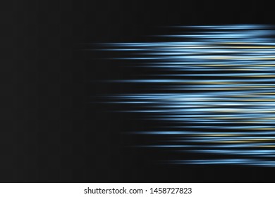 Blue horizontal lens flares pack. Laser beams, horizontal light rays.Beautiful light flares. Glowing streaks on dark background. Luminous abstract sparkling lined background.