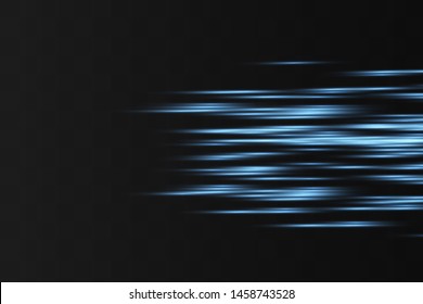 Blue horizontal lens flares pack. Laser beams, horizontal light rays.Beautiful light flares. Glowing streaks on dark background. Luminous abstract sparkling lined background.