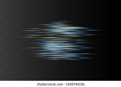 Blue horizontal lens flares pack. Laser beams, horizontal light rays.Beautiful light flares. Glowing streaks on dark background. Luminous abstract sparkling lined background.