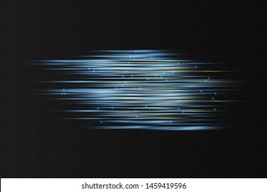 Blue horizontal lens flares pack. Laser beams, horizontal light rays.Beautiful light flares. Glowing streaks on dark background. Luminous abstract sparkling lined background.
