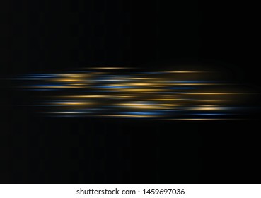 Blue horizontal lens flares pack. Laser beams, horizontal light rays.Beautiful light flares. Glowing streaks on dark background. Luminous abstract sparkling lined background.