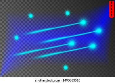 Blue horizontal lens flares pack. Laser beams, horizontal light rays.Beautiful light flares. Glowing streaks on dark background. Luminous abstract sparkling lined background.