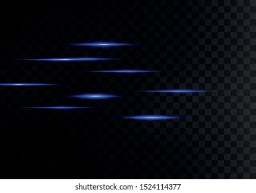 Blue horizontal lens flares pack. Laser beams, horizontal light rays.Beautiful light flares. Glowing streaks on dark background. Luminous abstract sparkling lined background.