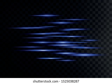 Blue horizontal lens flares pack. Laser beams, horizontal light rays.Beautiful light flares. Glowing streaks on dark background. Luminous abstract sparkling lined background.