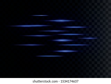 Blue horizontal lens flares pack. Laser beams, horizontal light rays.Beautiful light flares. Glowing streaks on dark background. Luminous abstract sparkling lined background.