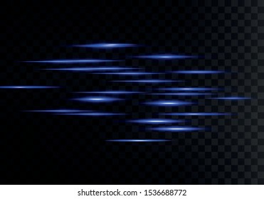 Blue horizontal lens flares pack. Laser beams, horizontal light rays.Beautiful light flares. Glowing streaks on dark background. Luminous abstract sparkling lined background.