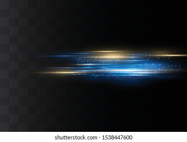 Blue horizontal lens flares pack. Laser beams, horizontal light rays.Beautiful light flares. Glowing streaks on dark background. Luminous abstract sparkling lined background.