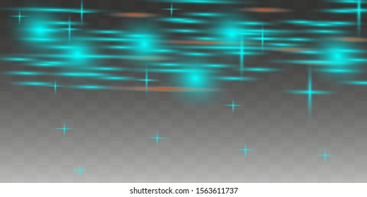 Blue horizontal lens flares pack. Laser beams, horizontal light rays.Beautiful light flares. Glowing streaks on dark background. Luminous abstract sparkling lined background.