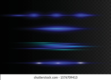 Blue horizontal lens flares pack. Laser beams, horizontal light rays.Beautiful light flares. Glowing streaks on dark background. Luminous abstract sparkling lined background.