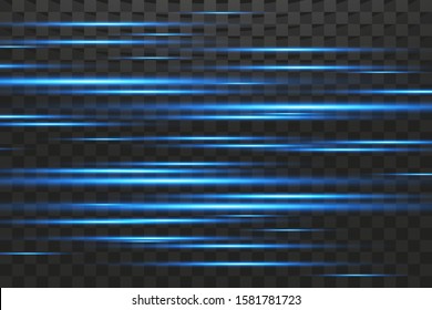 Blue horizontal lens flares pack. Laser beams, horizontal light rays.Beautiful light flares. Glowing streaks on dark background. Luminous abstract sparkling lined background.