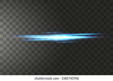 Blue horizontal lens flares pack. Laser beams, horizontal light rays.Beautiful light flares. Glowing streaks on dark background. Luminous abstract sparkling lined background