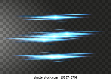 Blue horizontal lens flares pack. Laser beams, horizontal light rays.Beautiful light flares. Glowing streaks on dark background. Luminous abstract sparkling lined background