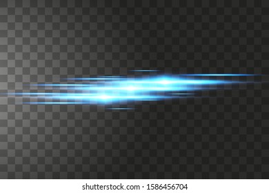 Blue horizontal lens flares pack. Laser beams, horizontal light rays.Beautiful light flares. Glowing streaks on dark background. Luminous abstract sparkling lined background