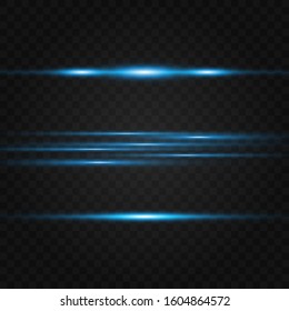 Blue horizontal lens flares pack. Laser beams, horizontal light rays.Beautiful light flares. Glowing streaks on dark background. Luminous abstract sparkling lined background.