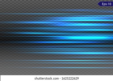 blue horizontal lens flares pack. Laser beams, horizontal light rays.Beautiful light flares. Glowing streaks on dark background. Luminous abstract sparkling lined background.
