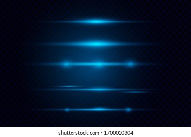 Blue horizontal lens flares pack. Laser beams, horizontal light rays.Beautiful light flares. Glowing streaks on dark background. Luminous abstract sparkling lined background.