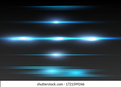 Blue horizontal lens flares pack. Laser beams, horizontal light rays.Beautiful light flares. Glowing streaks on dark background. Luminous abstract sparkling lined background.