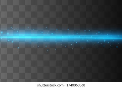 Blue horizontal lens flares pack. Laser beams, horizontal light rays.Beautiful light flares. Glowing streaks on dark background. Luminous abstract sparkling lined background.