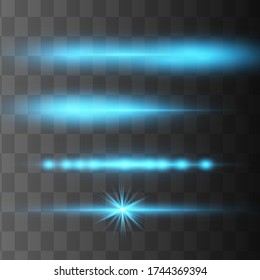 Blue horizontal lens flares pack. Laser beams, horizontal light rays.Beautiful light flares. Glowing streaks on dark background. Luminous abstract sparkling lined background.