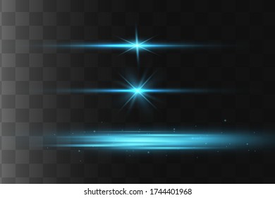 Blue horizontal lens flares pack. Laser beams, horizontal light rays.Beautiful light flares. Glowing streaks on dark background. Luminous abstract sparkling lined background.