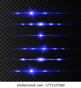 Blue horizontal lens flares pack, laser beams, beautiful light flare. Light rays. Glow line on transparent background, bright glare. Glowing streaks. Luminous abstract sparkling. Vector illustration
