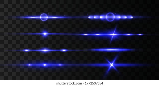 Paquete de bengalas horizontales azules, vigas láser, bellos focos de luz. Rayos claros. Línea brillante sobre fondo transparente, resplandor brillante. Rasgos brillantes. Luminoso chisme abstracto. Ilustración del vector