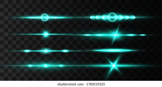 Blue horizontal lens flares pack, laser beams, light flare. Light rays Glow line bright golden glare on transparent background Glowing streaks. Luminous abstract sparkling lines. Vector illustration