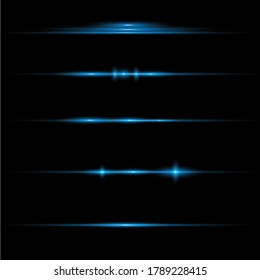 Blue horizontal lens flares pack. Laser beams, horizontal light rays.Beautiful light flares. Glowing streaks on dark background. Luminous abstract sparkling lined background.