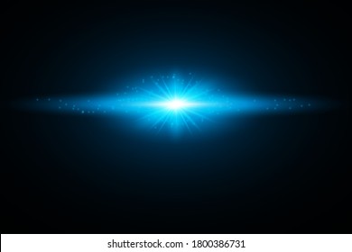 Blue horizontal lens flares pack. Laser beams, horizontal light rays.Beautiful light flares. Glowing streaks on dark background. Luminous abstract sparkling lined background.