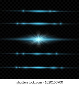 Blue horizontal lens flares pack. Laser beams, horizontal light rays.Beautiful light flares. Glowing streaks on dark background. Luminous abstract sparkling lined background.