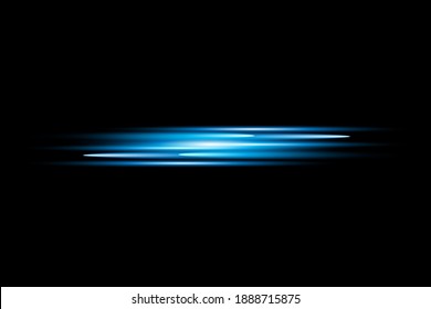 Blue horizontal lens flares pack. Laser beams, horizontal light rays.Beautiful light flares. Glowing streaks on dark background. Luminous abstract sparkling lined background.