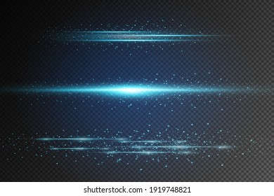 Blue horizontal lens flares pack. Laser beams, horizontal light rays.Beautiful light flares. Glowing streaks on dark background. Luminous abstract sparkling lined background.