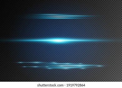 Blue horizontal lens flares pack. Laser beams, horizontal light rays.Beautiful light flares. Glowing streaks on dark background. Luminous abstract sparkling lined background.