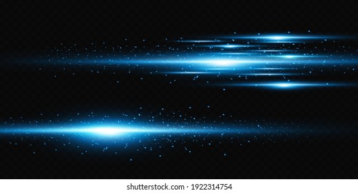 Blue horizontal lens flares pack. Laser beams, horizontal light rays.Beautiful light flares. Glowing streaks on dark background. Luminous abstract sparkling lined background.