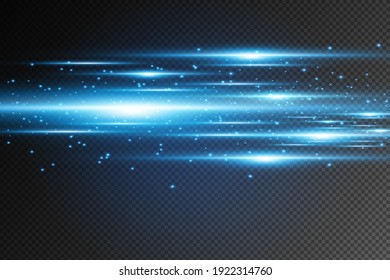 Blue horizontal lens flares pack. Laser beams, horizontal light rays.Beautiful light flares. Glowing streaks on dark background. Luminous abstract sparkling lined background.