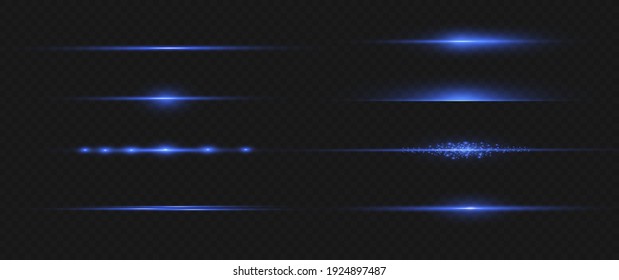 Blue horizontal lens flares pack. Laser beams, horizontal light rays.Beautiful light flares. Glowing streaks on dark background. Luminous abstract sparkling lined background.