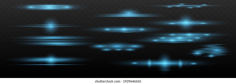 Blue horizontal lens flares pack. Laser beams, horizontal light rays.Beautiful light flares. Glowing streaks on dark background.