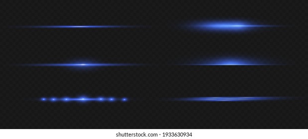 Paquete de bengalas horizontales de lente azul. Vigas láser, rayos de luz horizontales. Bellas llamaradas. Rasgos brillantes sobre fondo oscuro. Luminoso fondo brillante abstracto.
