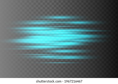 Blue horizontal lens flares pack. Laser beams, horizontal light rays.Beautiful light flares. Glowing streaks on dark background. Luminous abstract sparkling lined background.