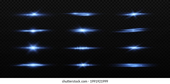 Blue horizontal lens flares pack, laser beams, light flare. Laser beams, horizontal light rays. Glowing streaks on light background.